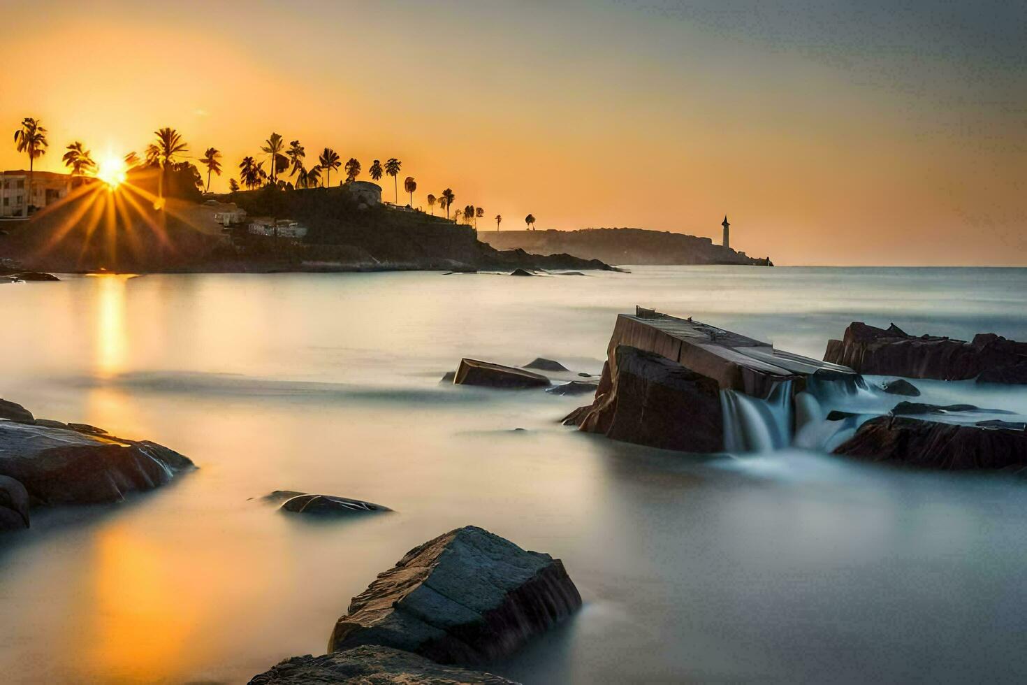 the sun sets over the ocean and rocks. AI-Generated photo
