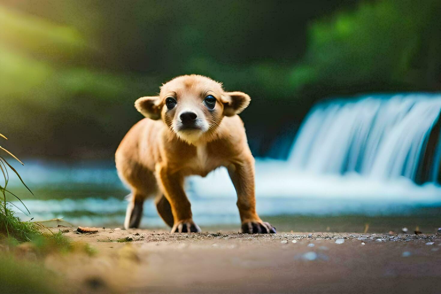 a puppy standing in front of a waterfall. AI-Generated photo