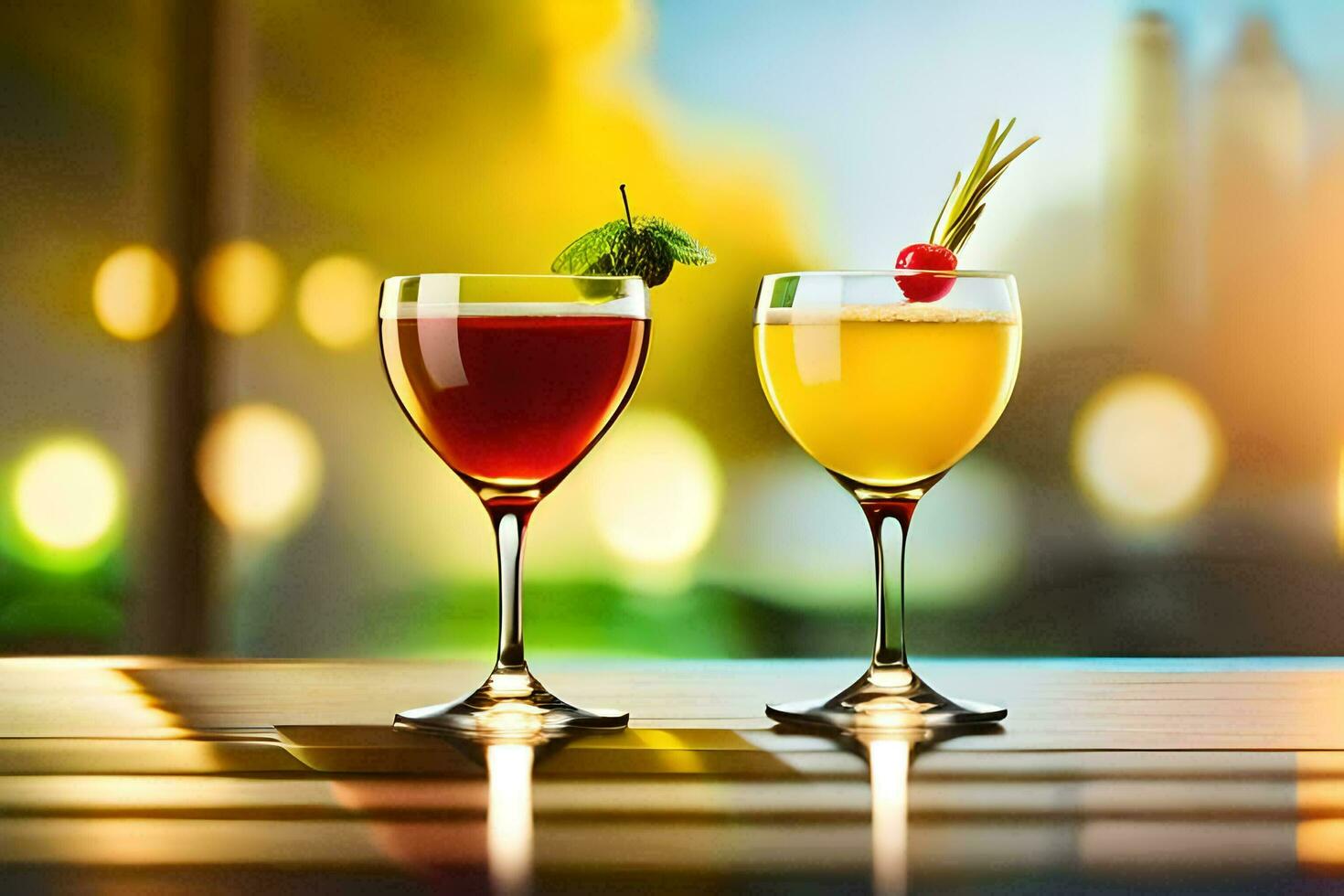 two glasses of cocktails on a table with a city view. AI-Generated photo