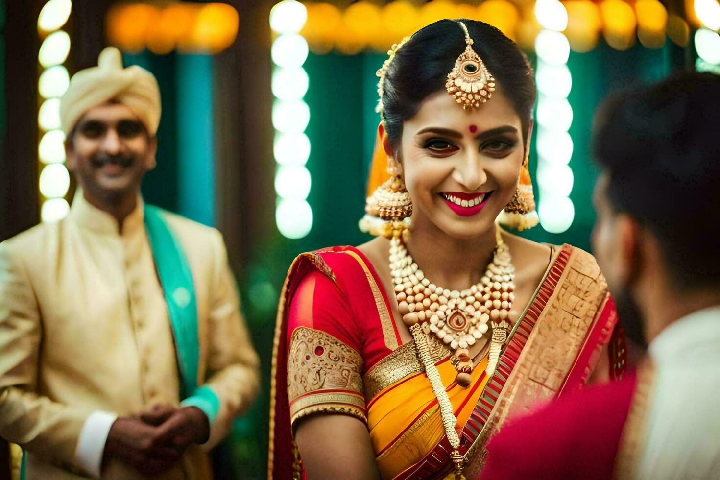 a bride in traditional indian attire smiles at the camera. AI-Generated photo