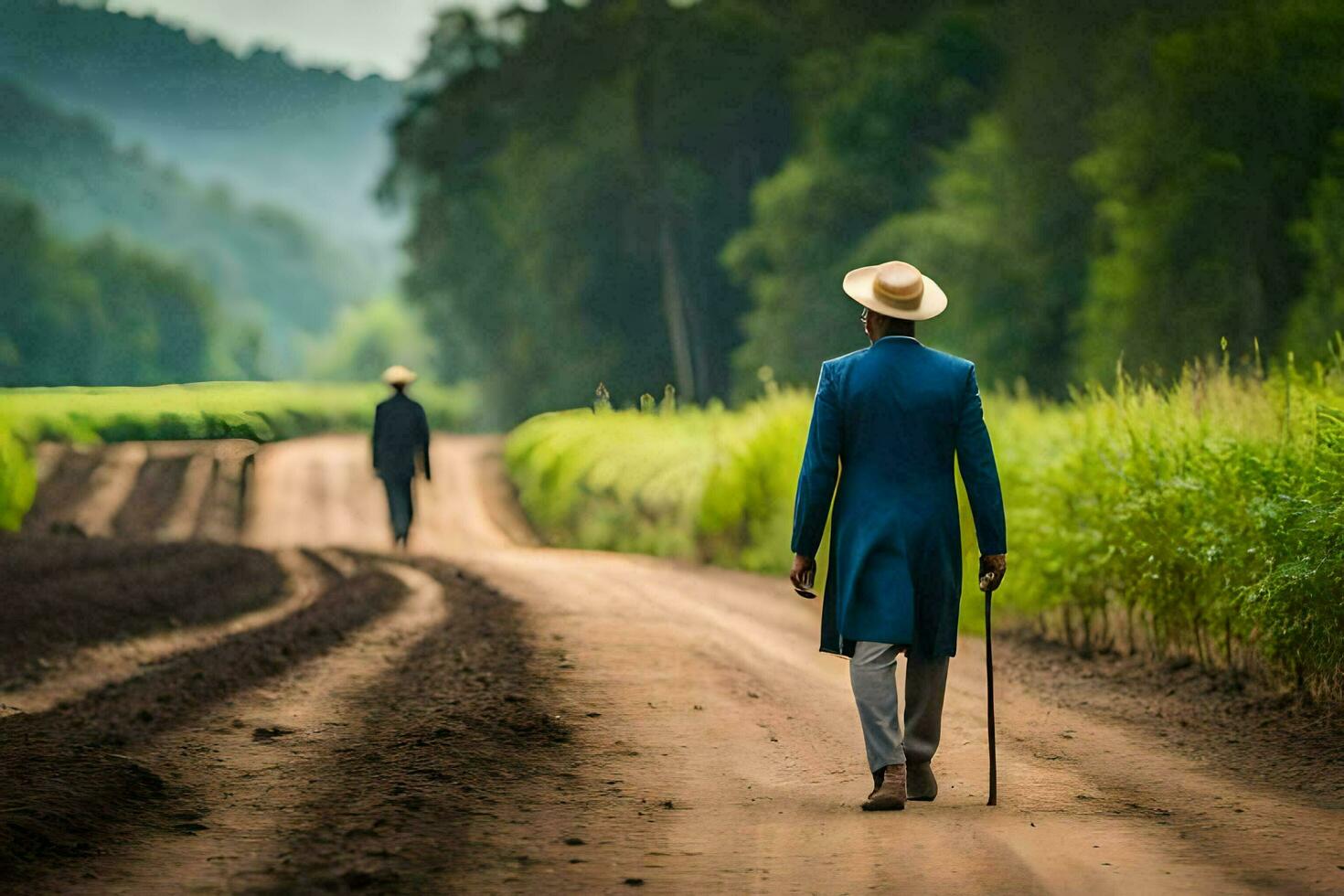 a man in a blue suit and hat walking down a dirt road. AI-Generated photo