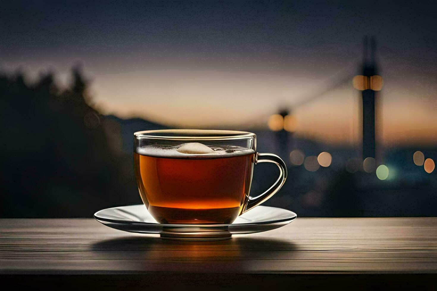 a cup of tea sits on a table with a city in the background. AI-Generated photo