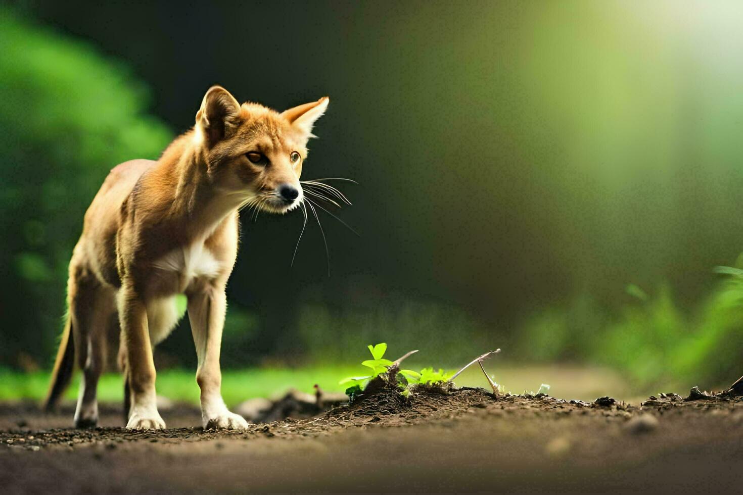 a dingo is standing on the ground in the forest. AI-Generated photo