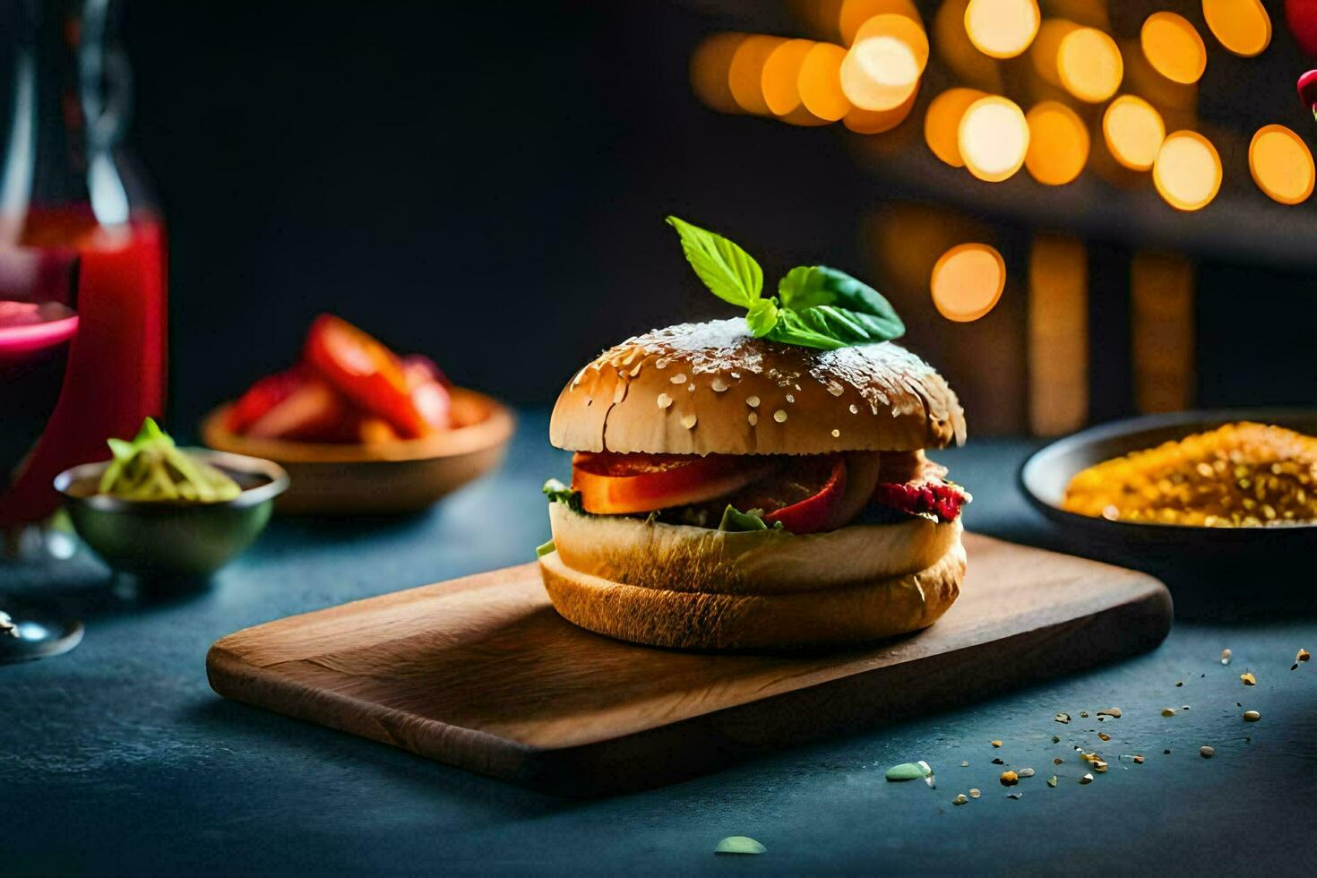 a hamburger with vegetables and spices on a cutting board. AI-Generated photo