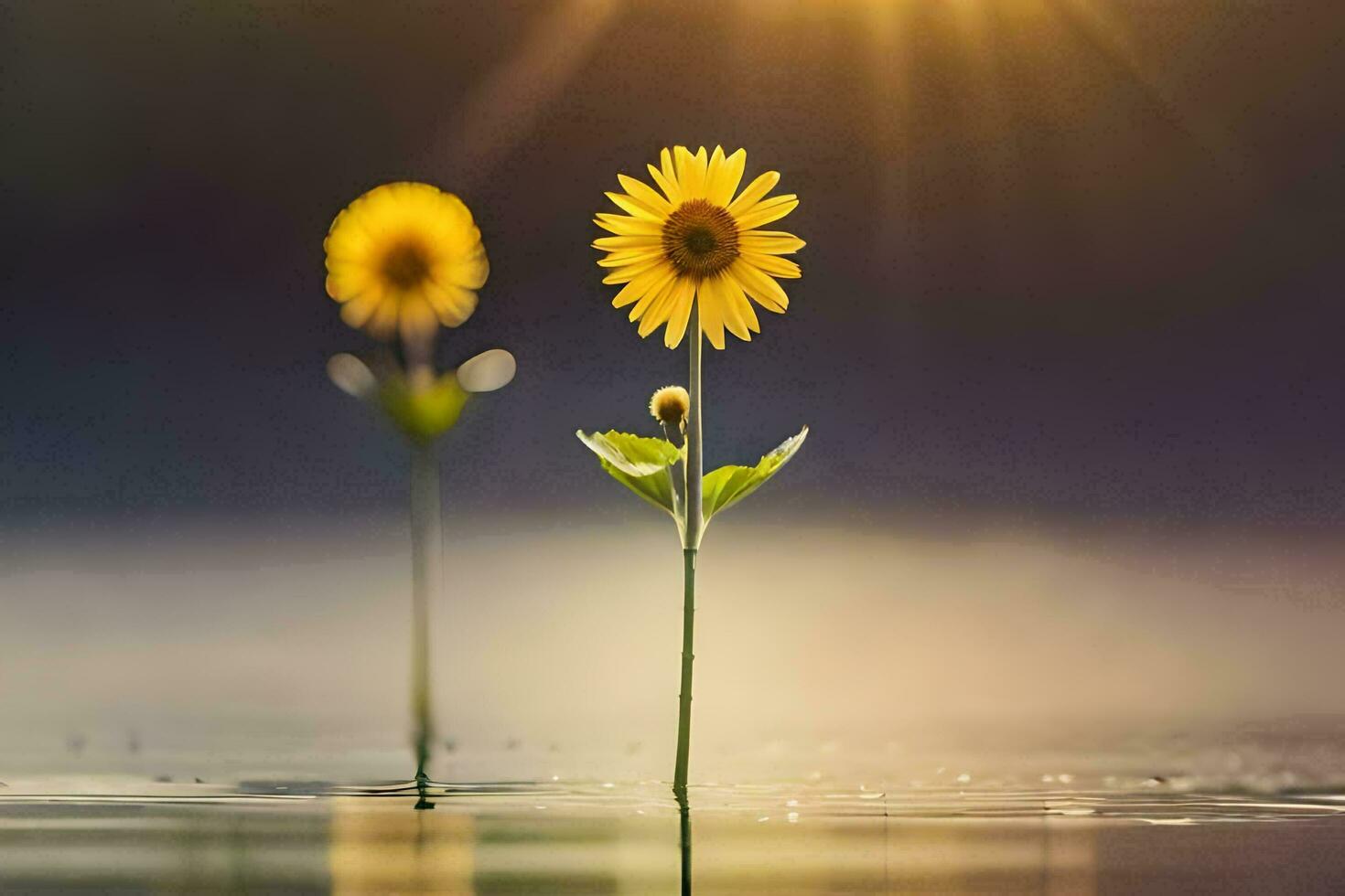 two sunflowers are standing in water with the sun shining. AI-Generated photo