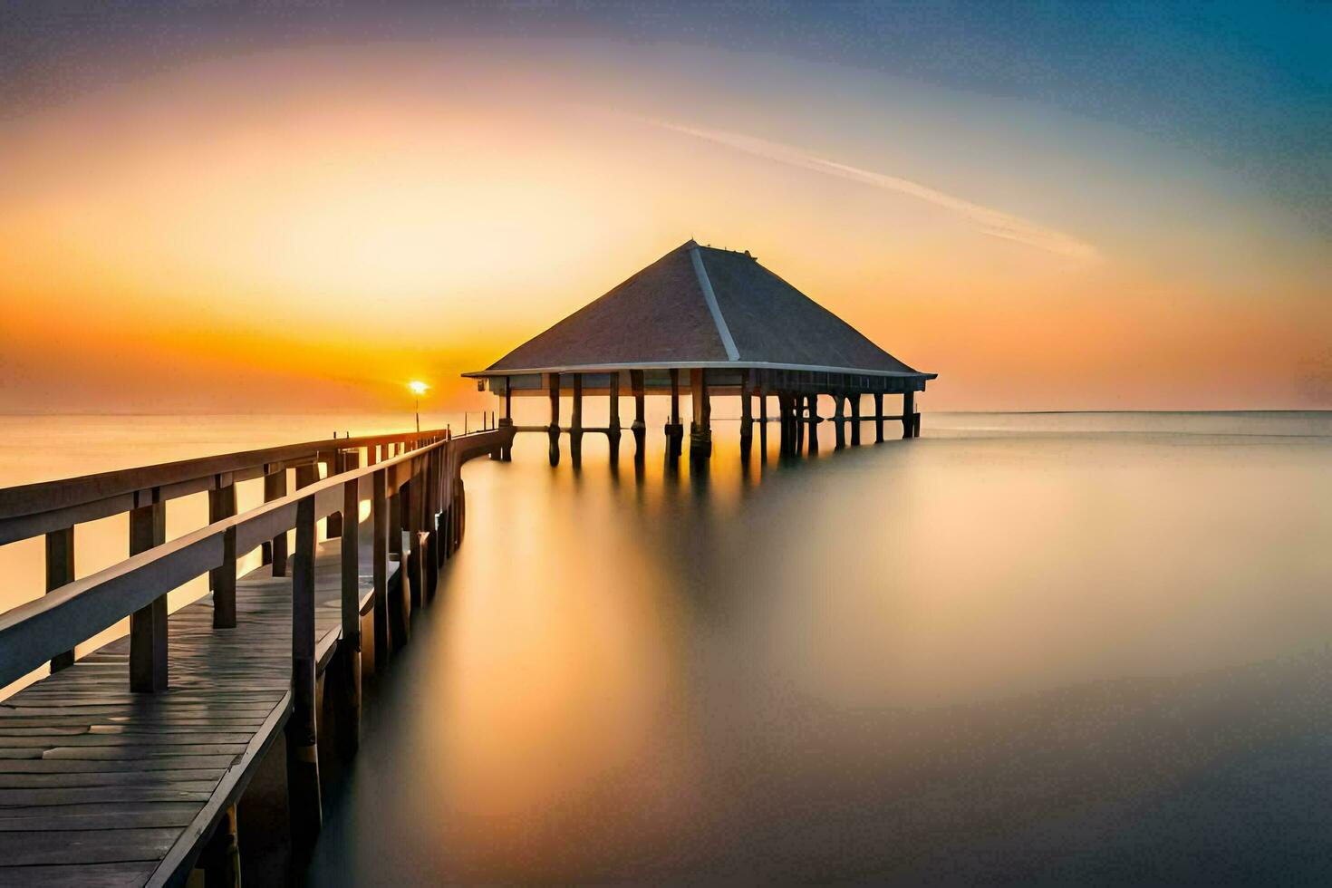 a pier with a gazebo at sunset. AI-Generated photo