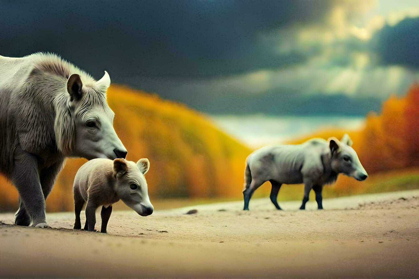 two white cows and a baby calf walking in the desert. AI-Generated photo