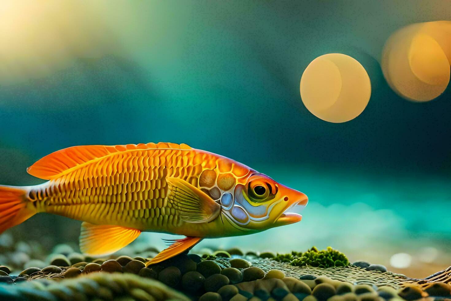 a fish is standing on the ground with a bright light behind it. AI-Generated photo