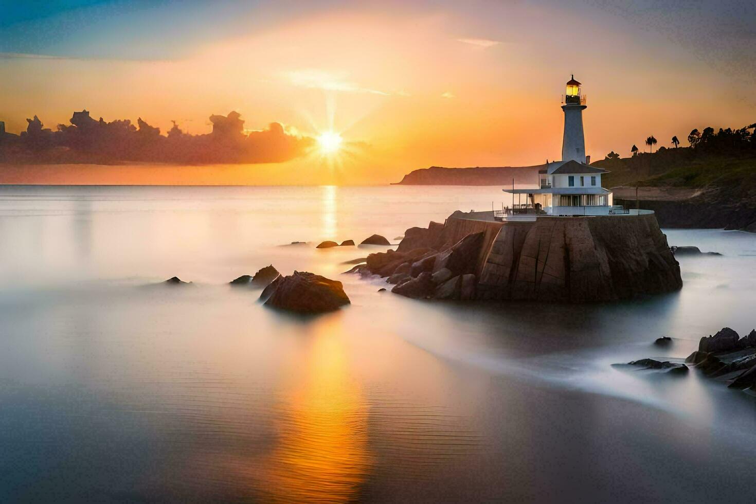 a lighthouse is seen at sunset in the ocean. AI-Generated photo