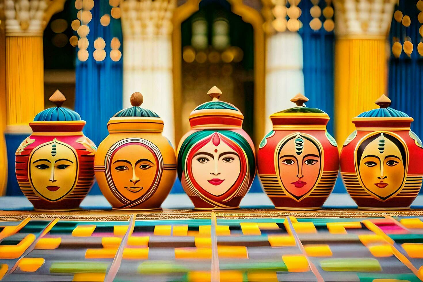 colorful pots with faces on them in front of a building. AI-Generated photo