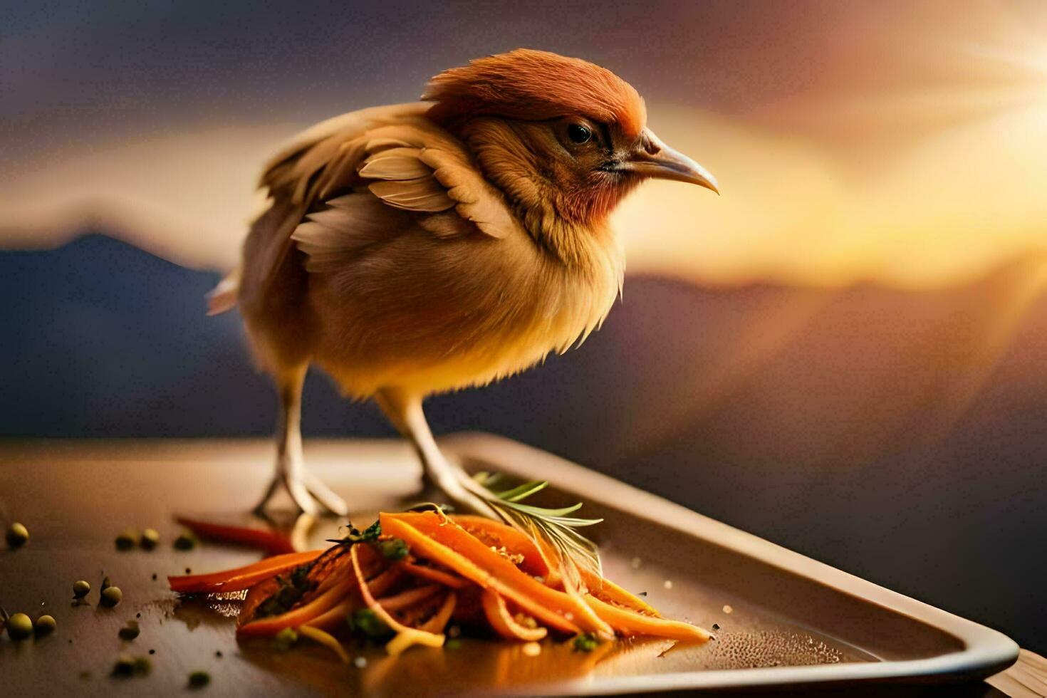 a small bird is standing on a tray with carrots. AI-Generated photo