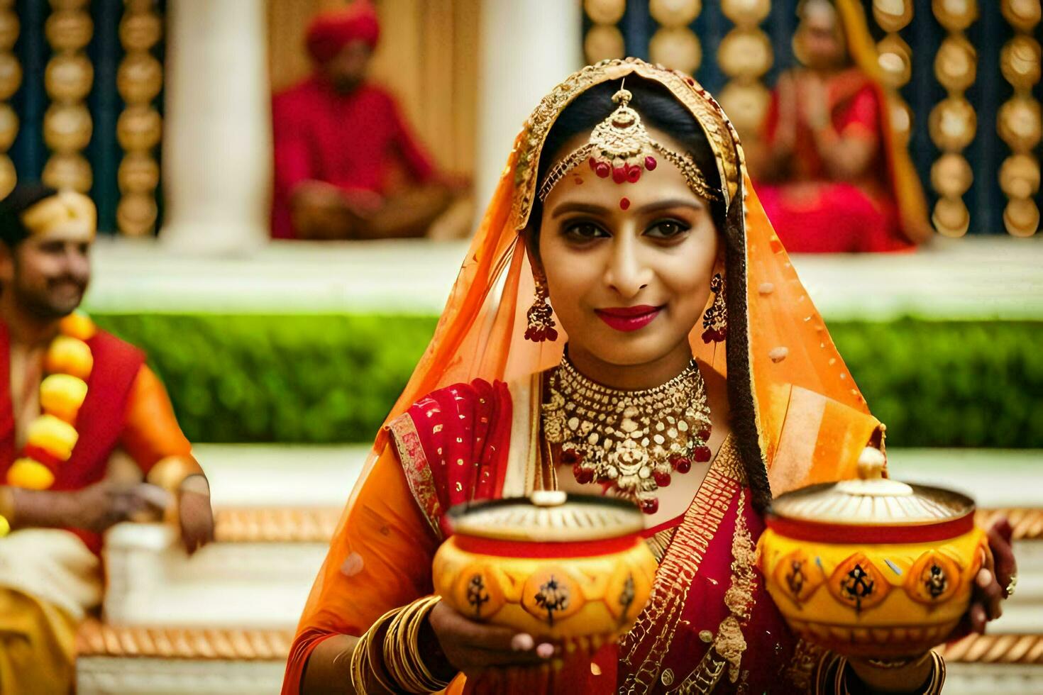 a beautiful indian bride holding two pots. AI-Generated photo