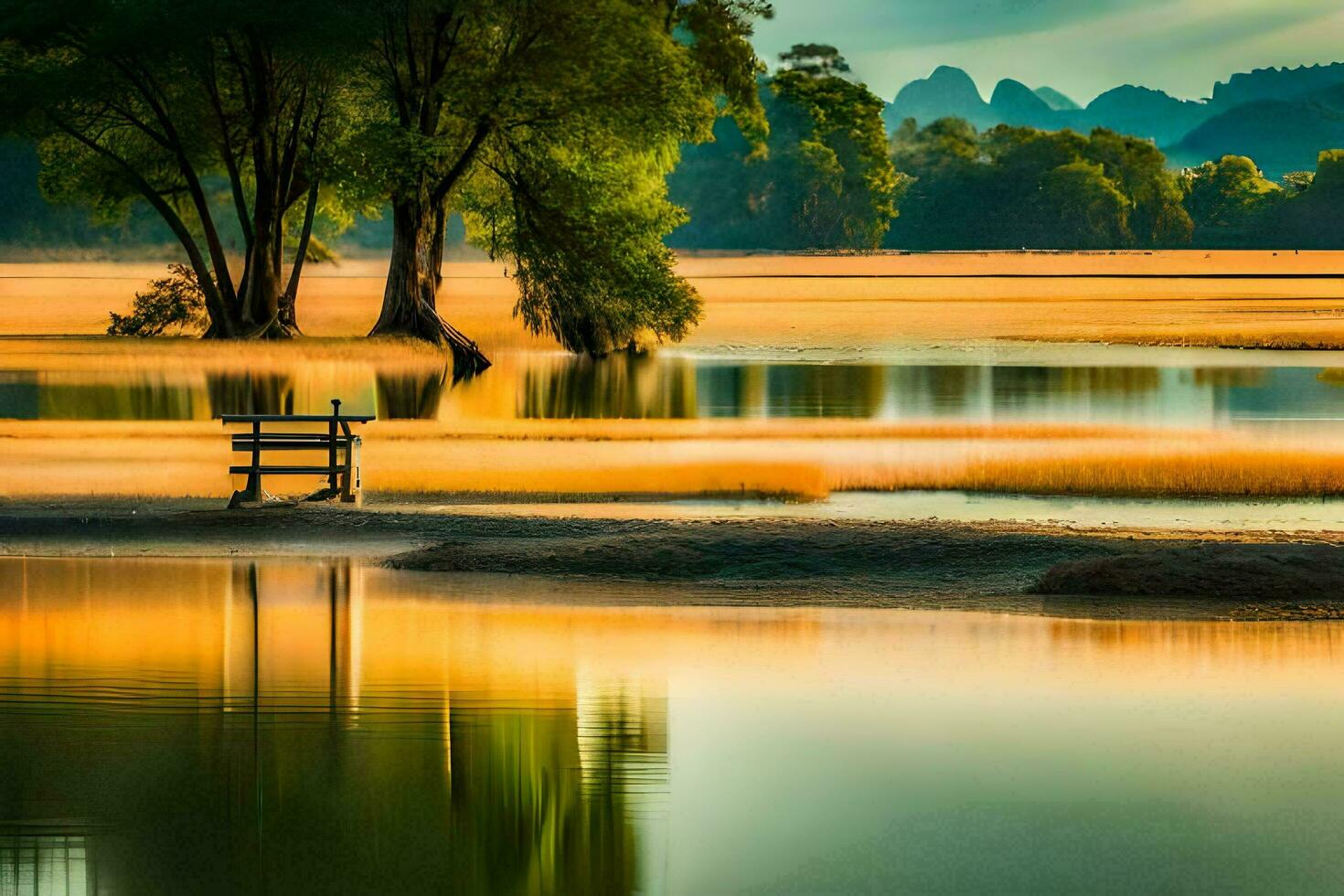 a bench sits in the middle of a lake. AI-Generated photo