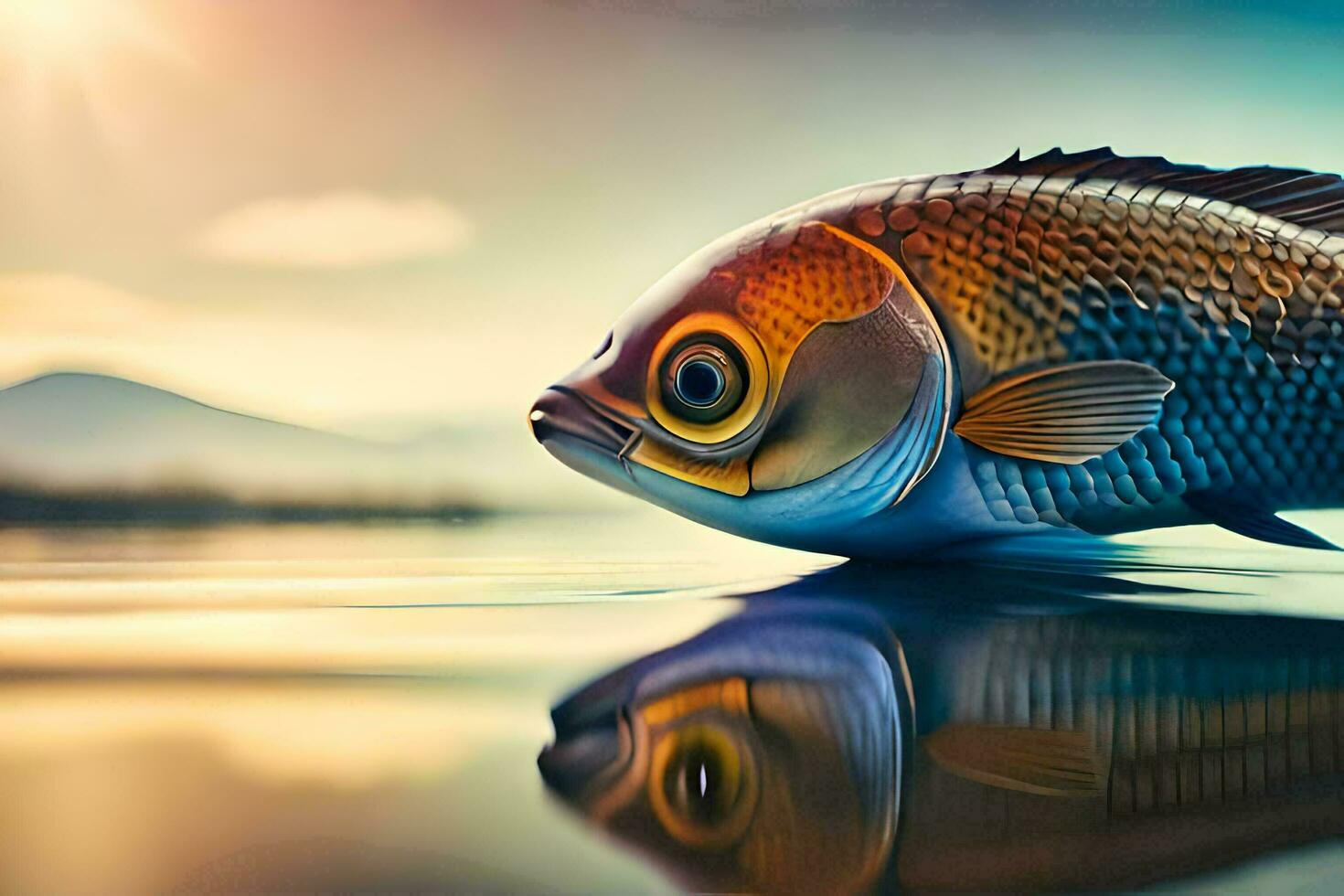 a fish is reflected in the water with a sun in the background. AI-Generated photo