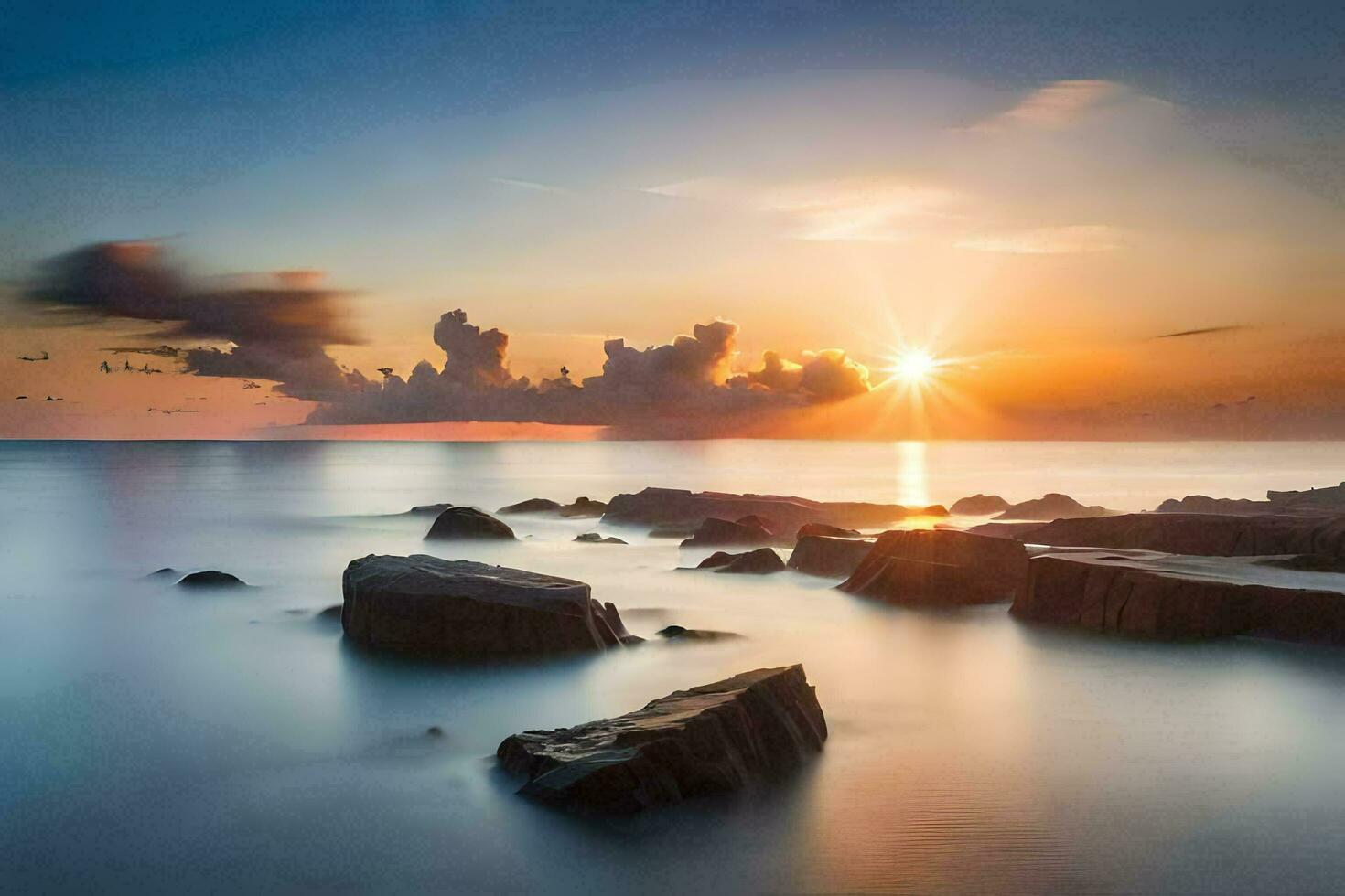 the sun rises over the ocean and rocks. AI-Generated photo