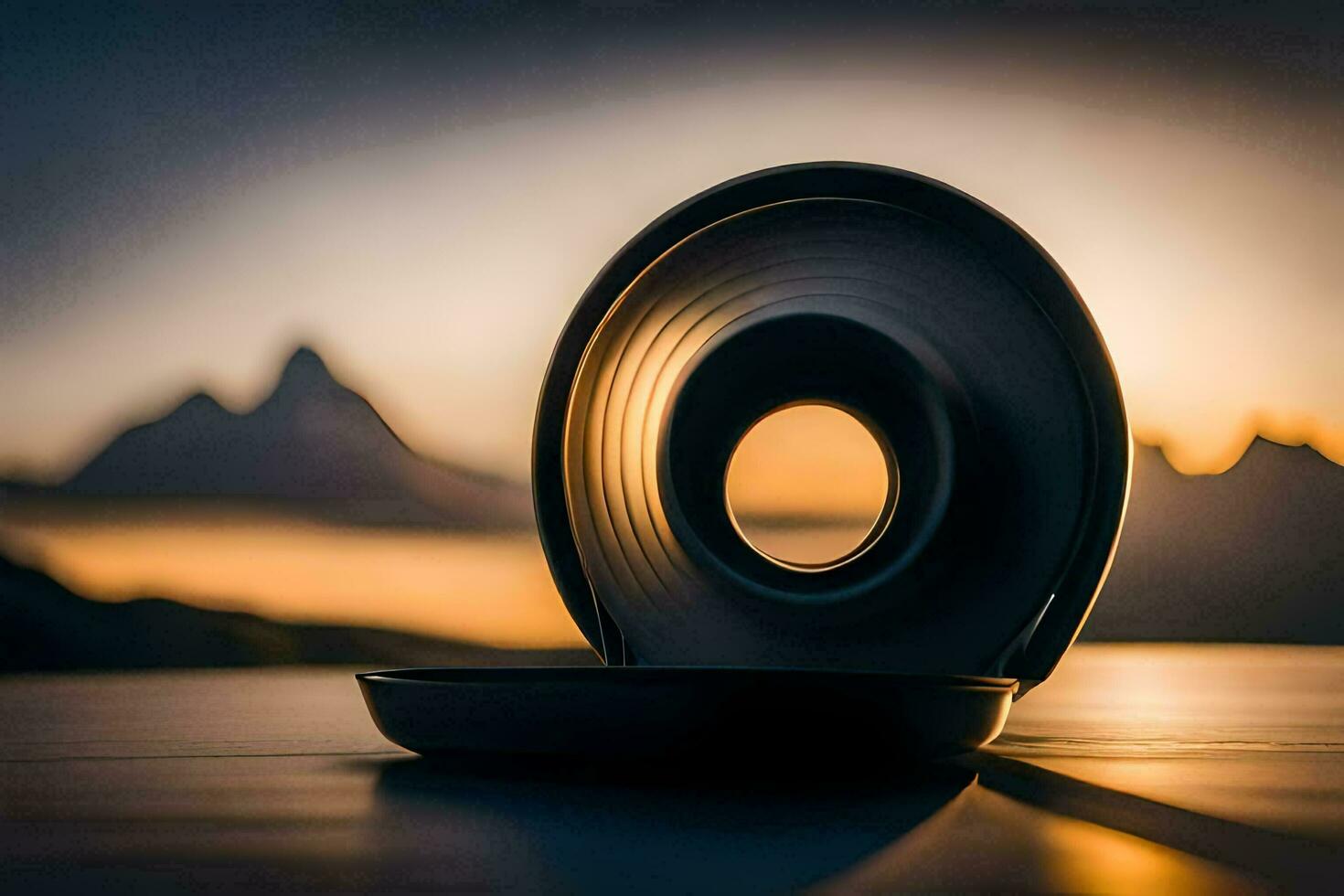 a black coffee cup sitting on a table with a mountain in the background. AI-Generated photo