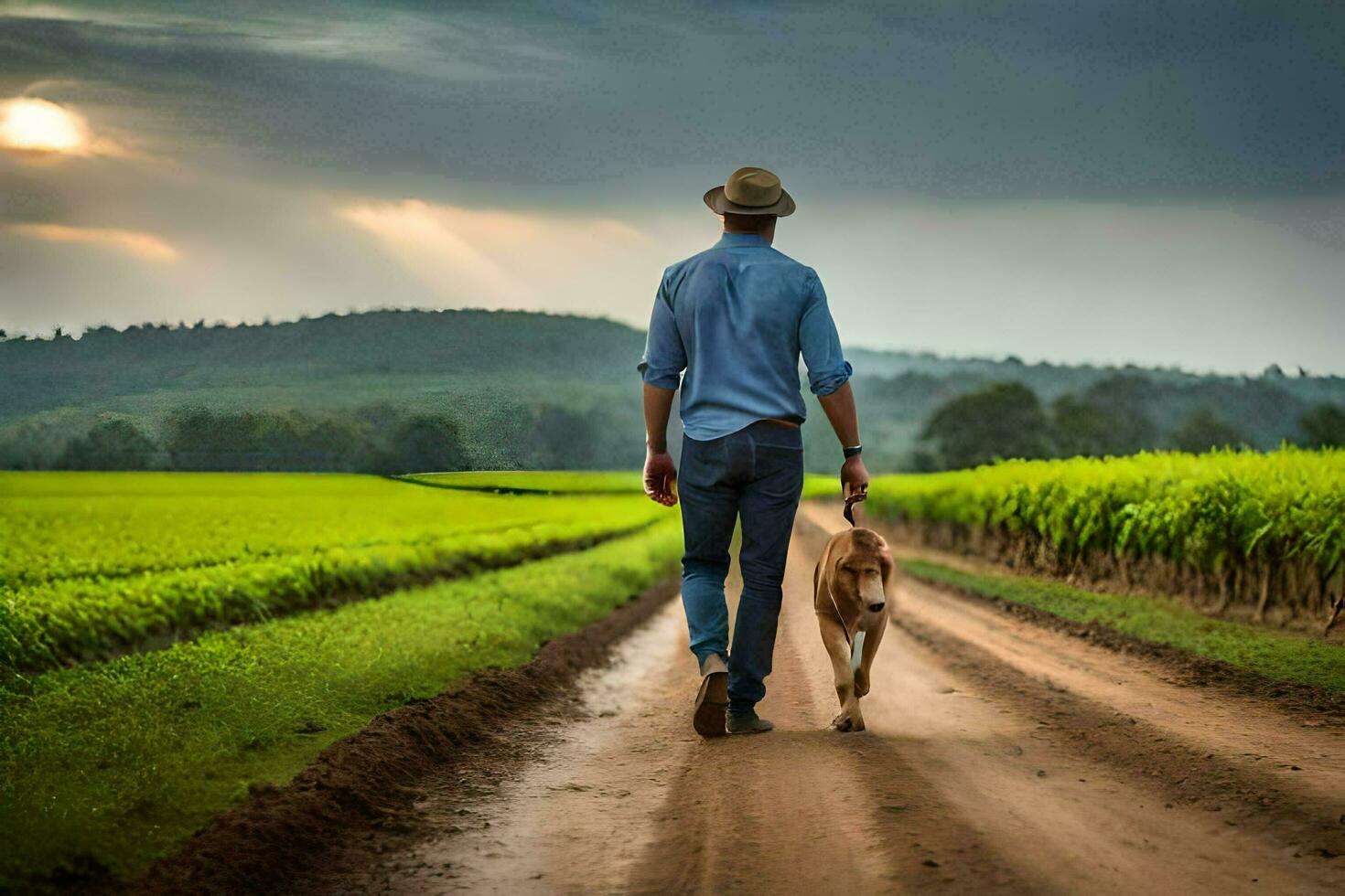 a man walking his dog down a dirt road. AI-Generated photo