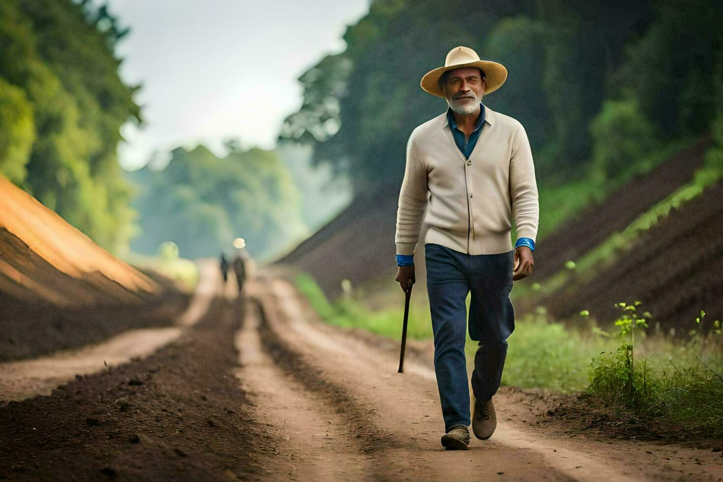 an older man walking down a dirt road. AI-Generated photo