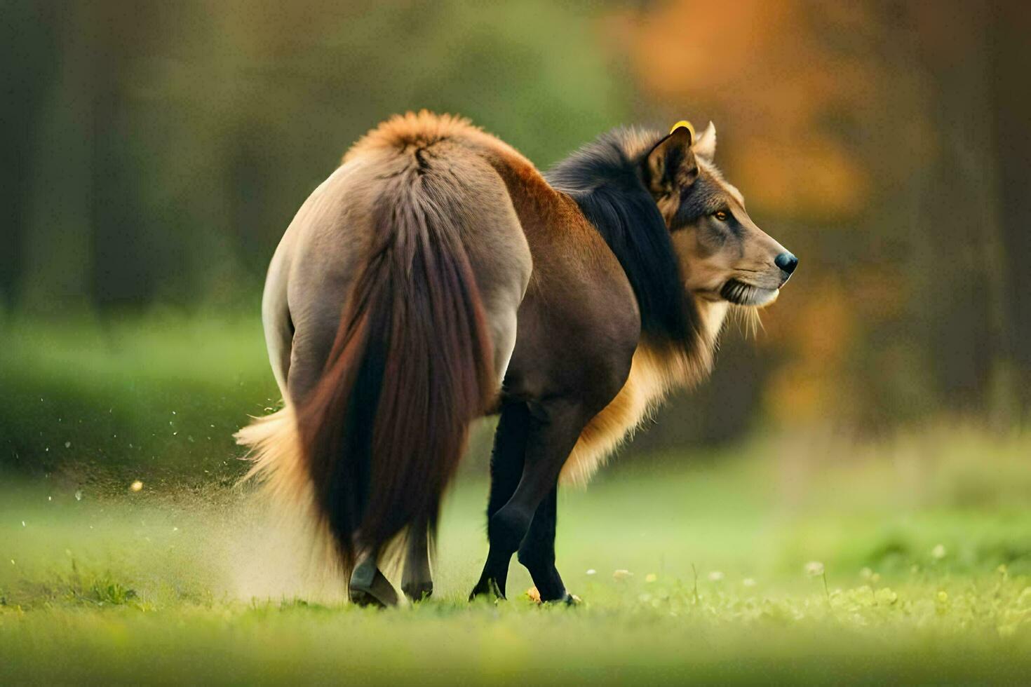 a horse with long hair walking in the grass. AI-Generated photo