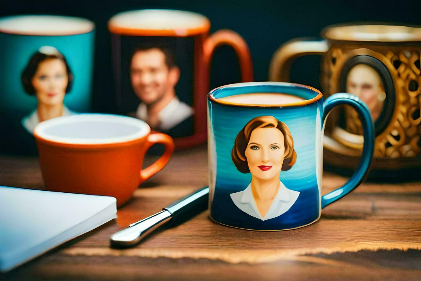 a coffee mug with a picture of a woman on it. AI-Generated photo