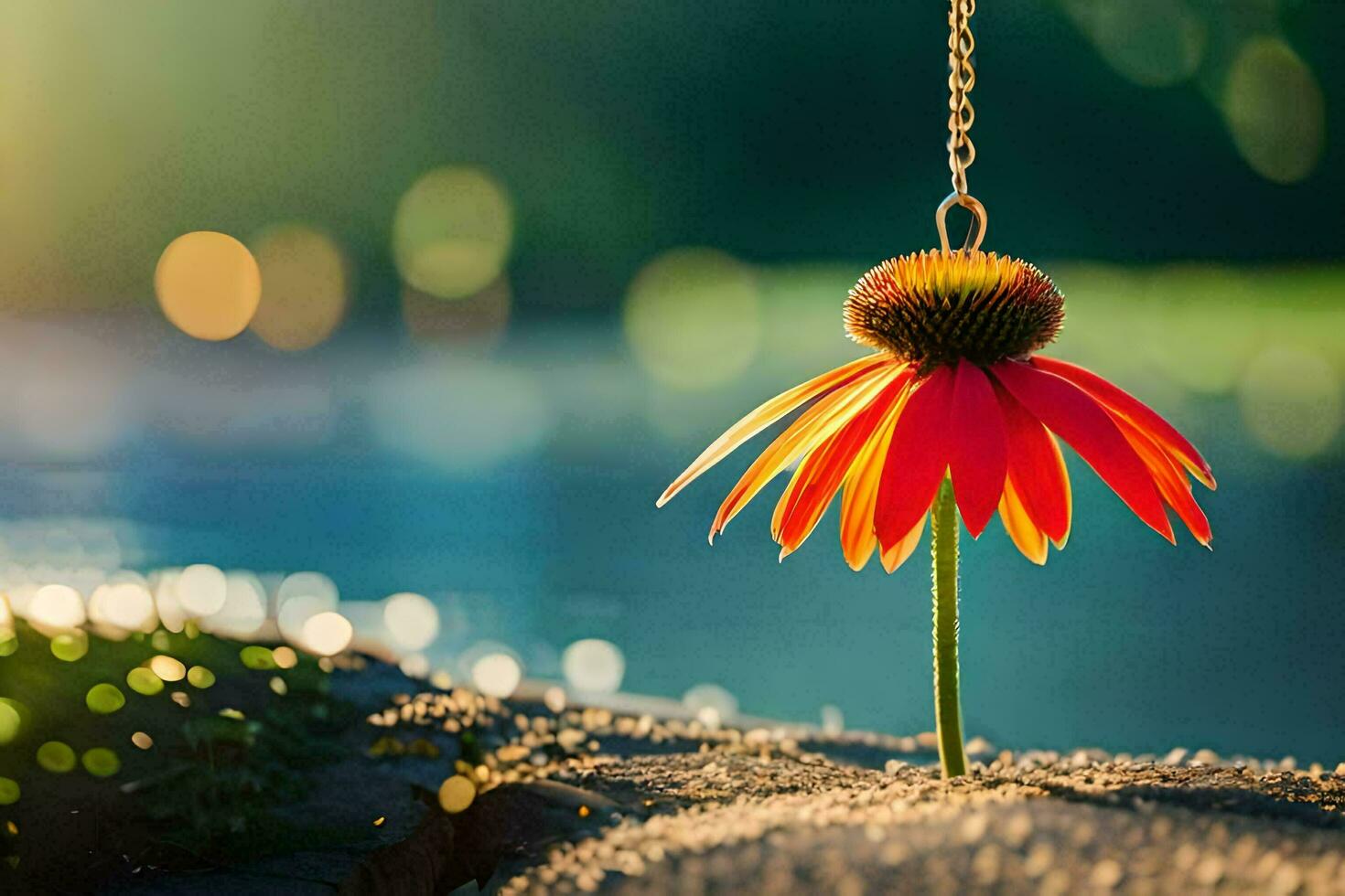a red flower is hanging from a chain by the water. AI-Generated photo