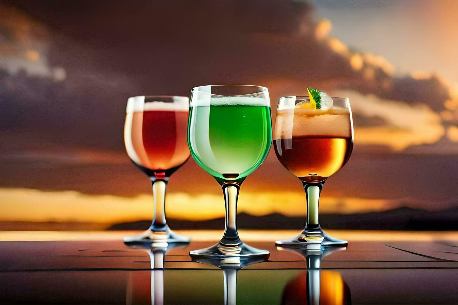 three glasses of different colored drinks on a table. AI-Generated photo