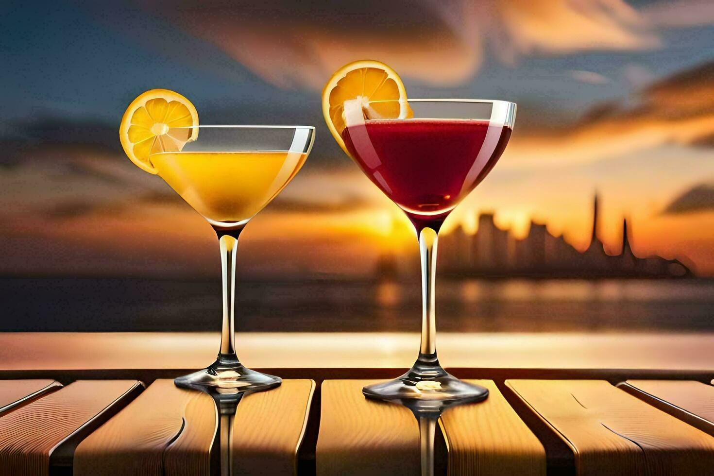 two glasses of cocktails on a table with sunset in the background. AI-Generated photo
