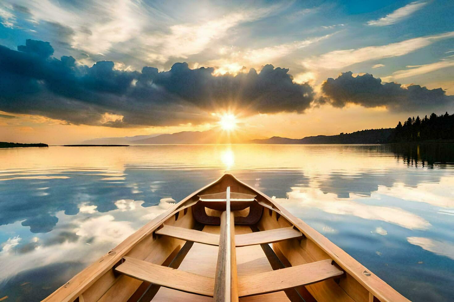 a canoe is floating on the calm water at sunset. AI-Generated photo