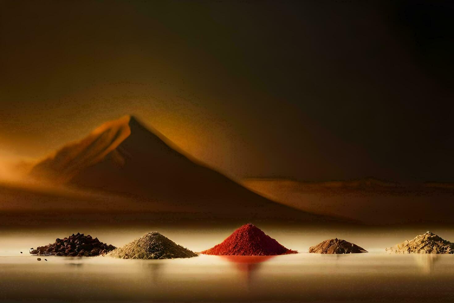 five different spices are shown in front of a mountain. AI-Generated photo