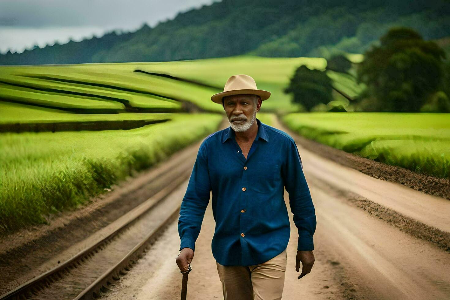 un más viejo hombre caminando abajo un suciedad la carretera con un caña. generado por ai foto