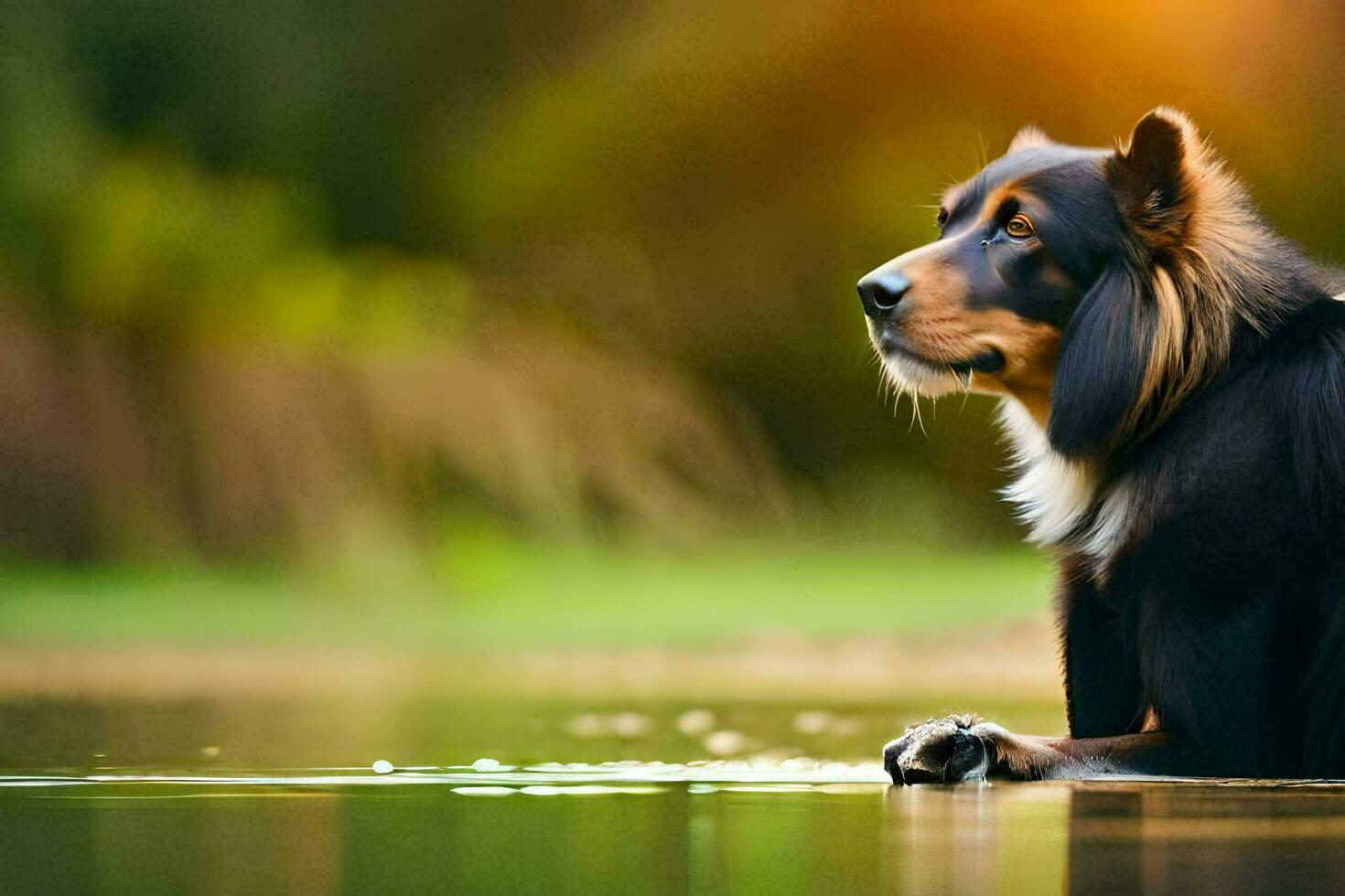a dog sitting on the edge of a lake. AI-Generated photo