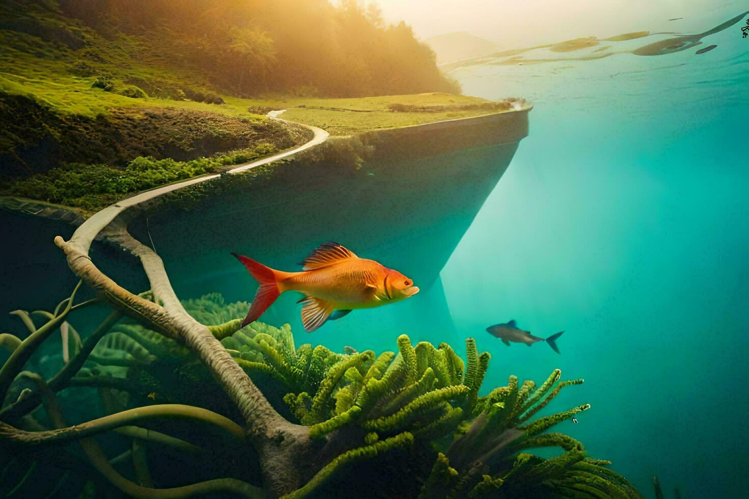 a fish swimming in the water near a boat. AI-Generated photo