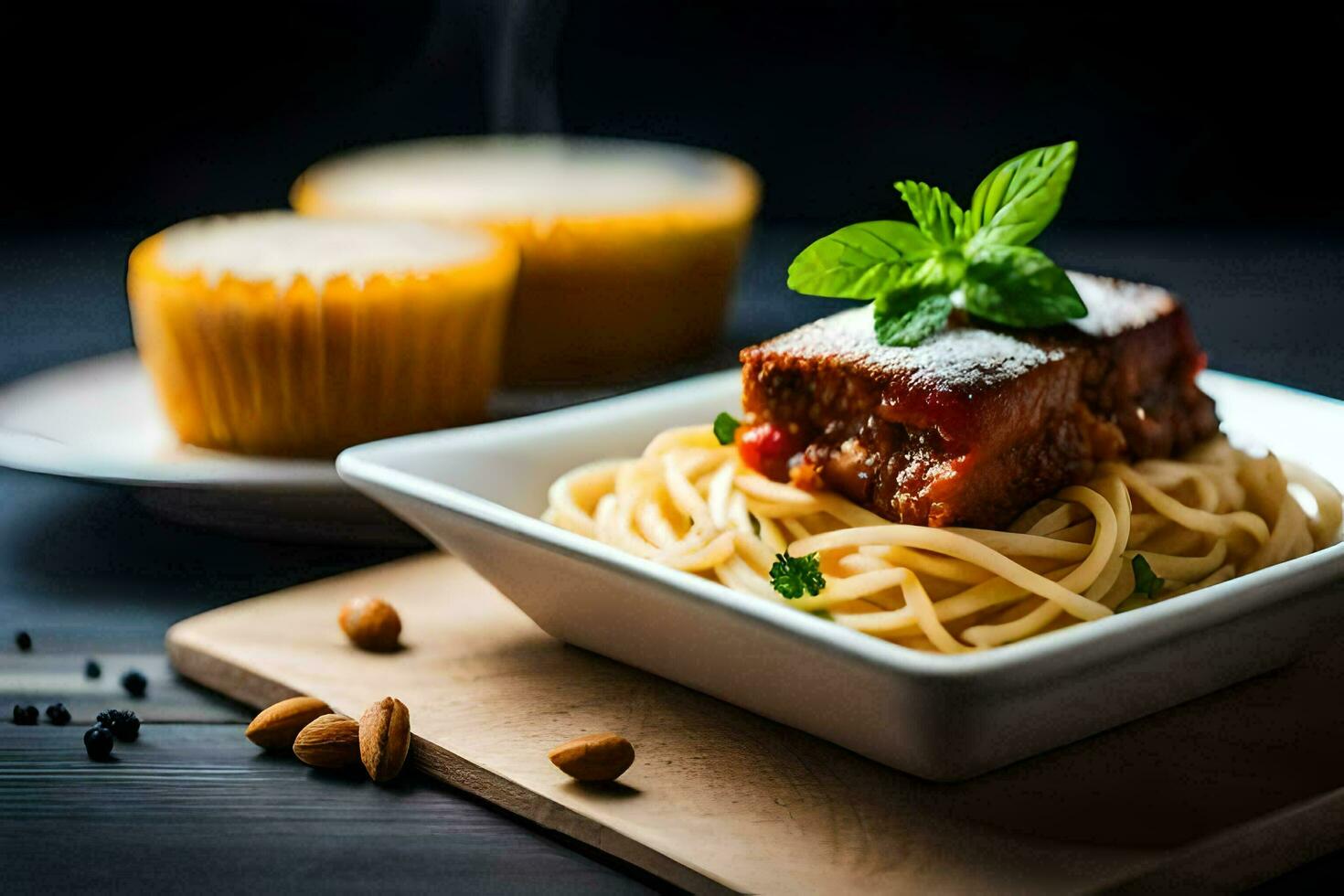 spaghetti with meat and cheese on a plate. AI-Generated photo