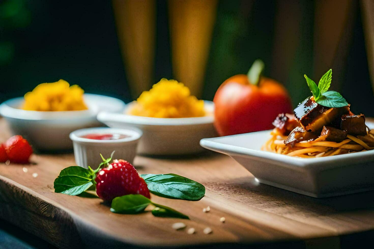 a wooden table topped with bowls of food. AI-Generated photo