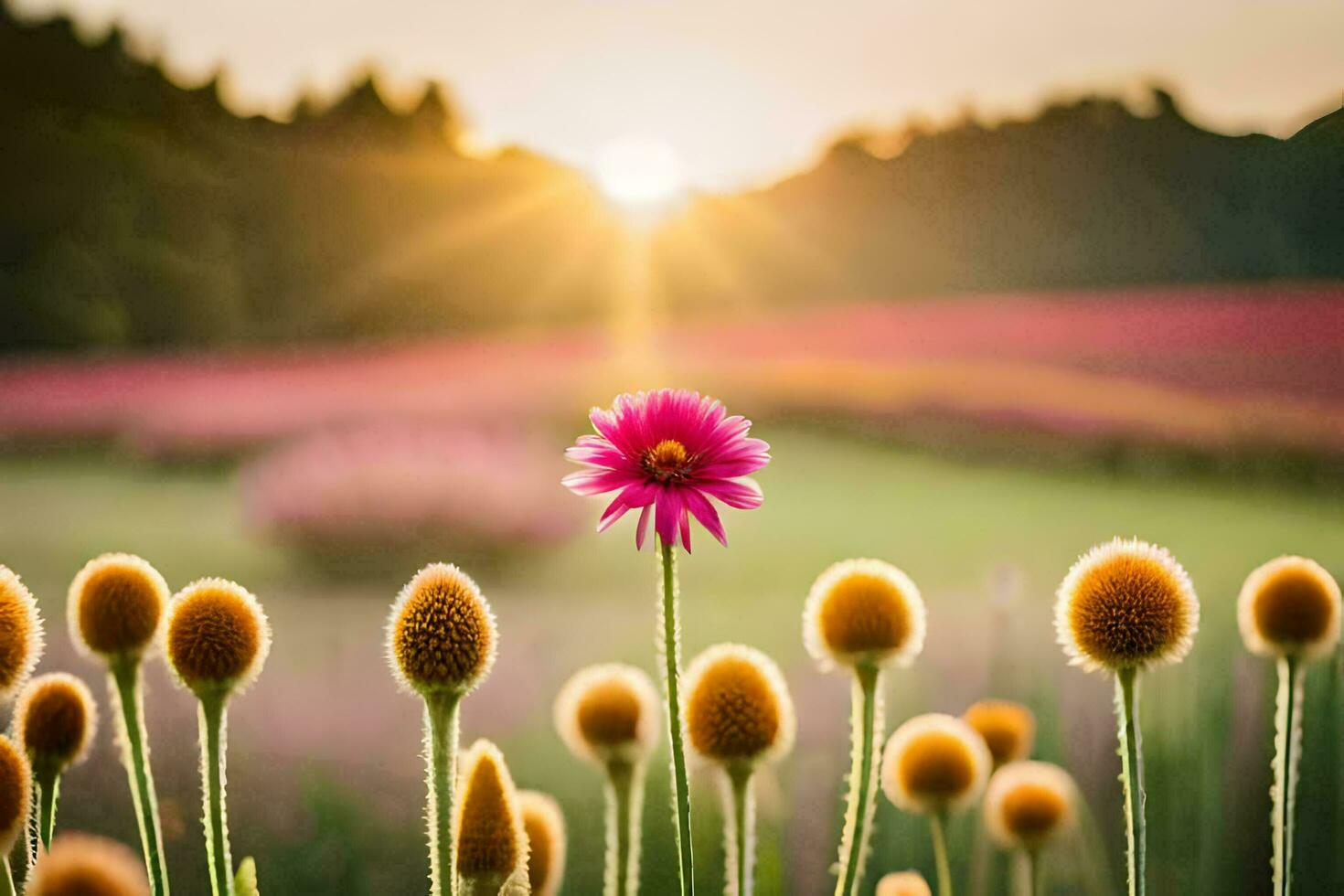 rosado flor en el campo a puesta de sol. generado por ai foto