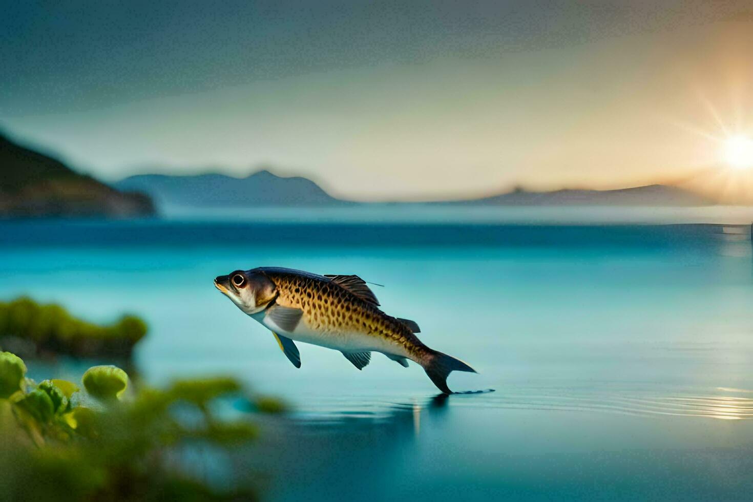 un pescado es saltando fuera de el agua a puesta de sol. generado por ai foto