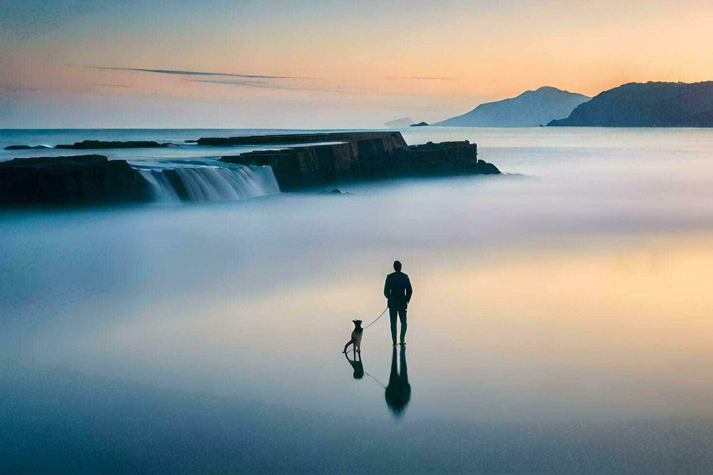 a man and his dog are standing in the water at sunset. AI-Generated photo
