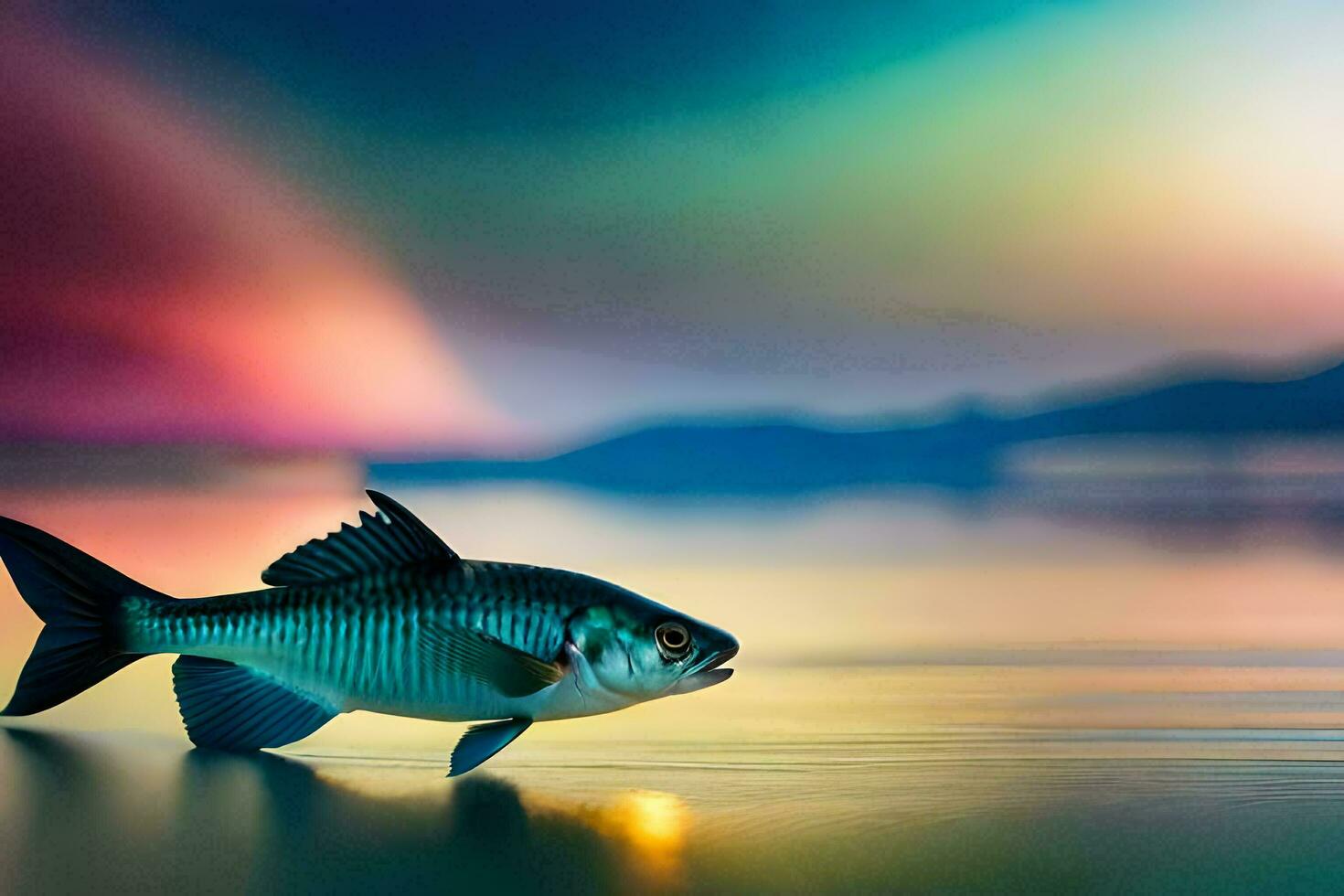 a fish is standing on the beach with a rainbow in the background. AI-Generated photo