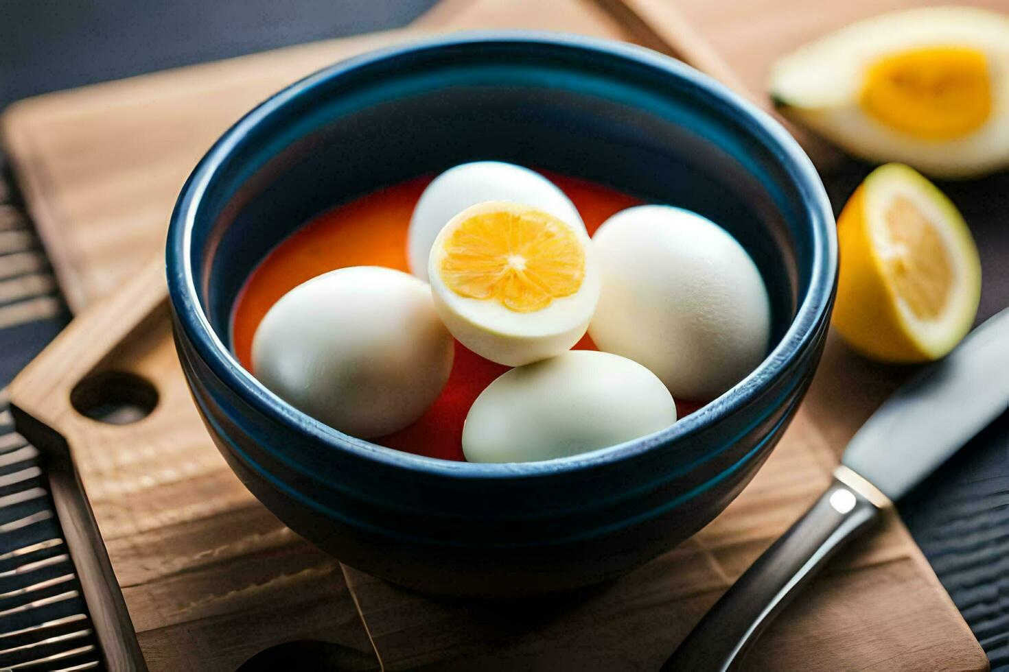 a bowl of boiled eggs with a knife and a slice of lemon. AI-Generated photo