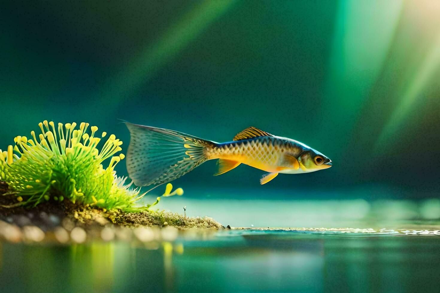 a fish swimming in the water with grass and plants. AI-Generated photo