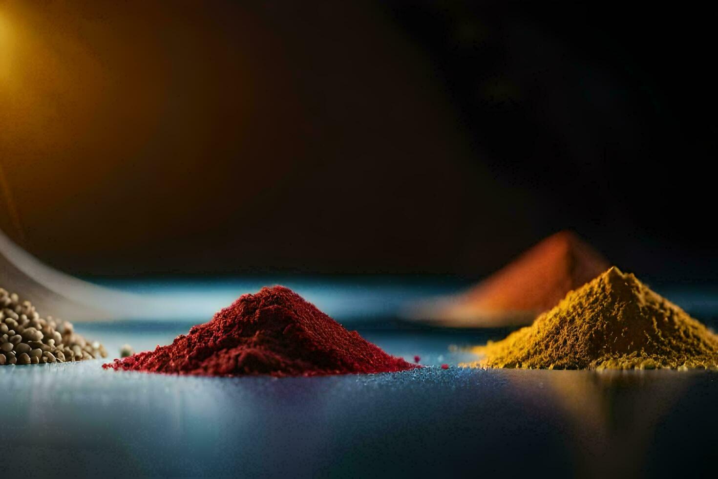 three different colored powders on a table. AI-Generated photo