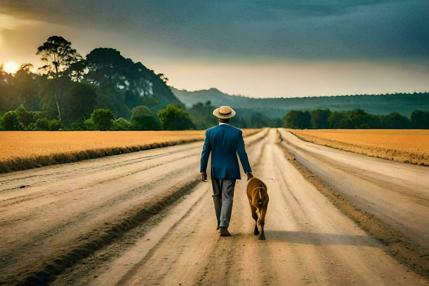 a man walking his dog down a dirt road. AI-Generated photo