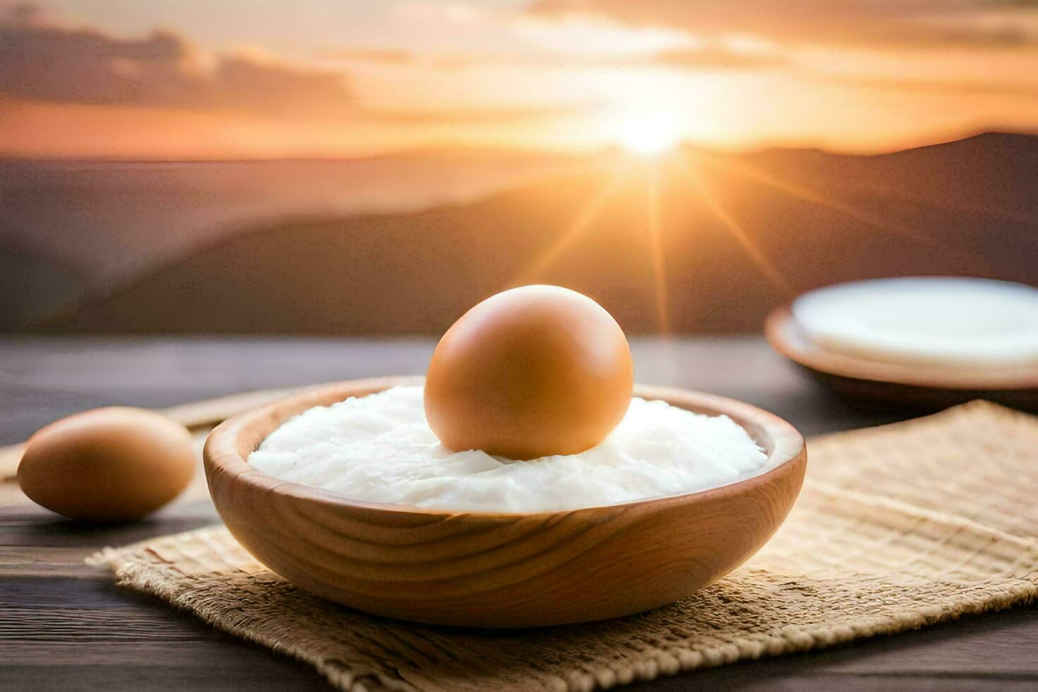 eggs in a bowl with rice and a wooden table. AI-Generated photo
