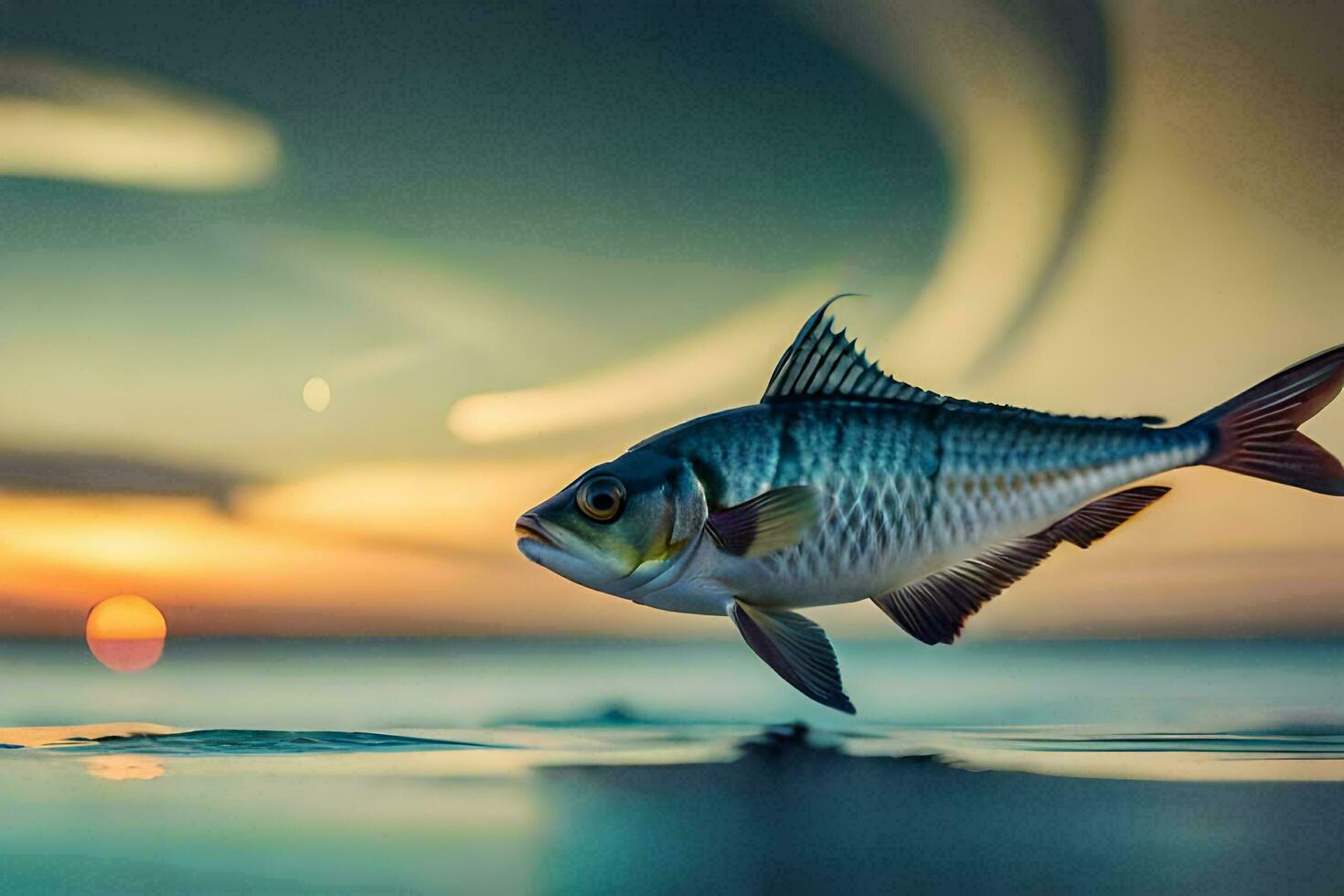 a fish is jumping out of the water at sunset. AI-Generated photo