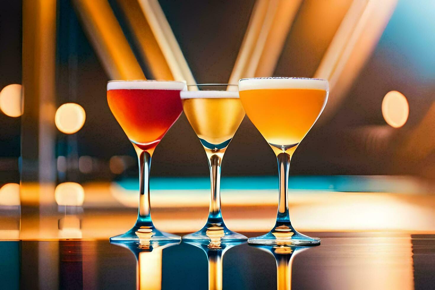 three different types of alcoholic drinks are lined up on a table. AI-Generated photo