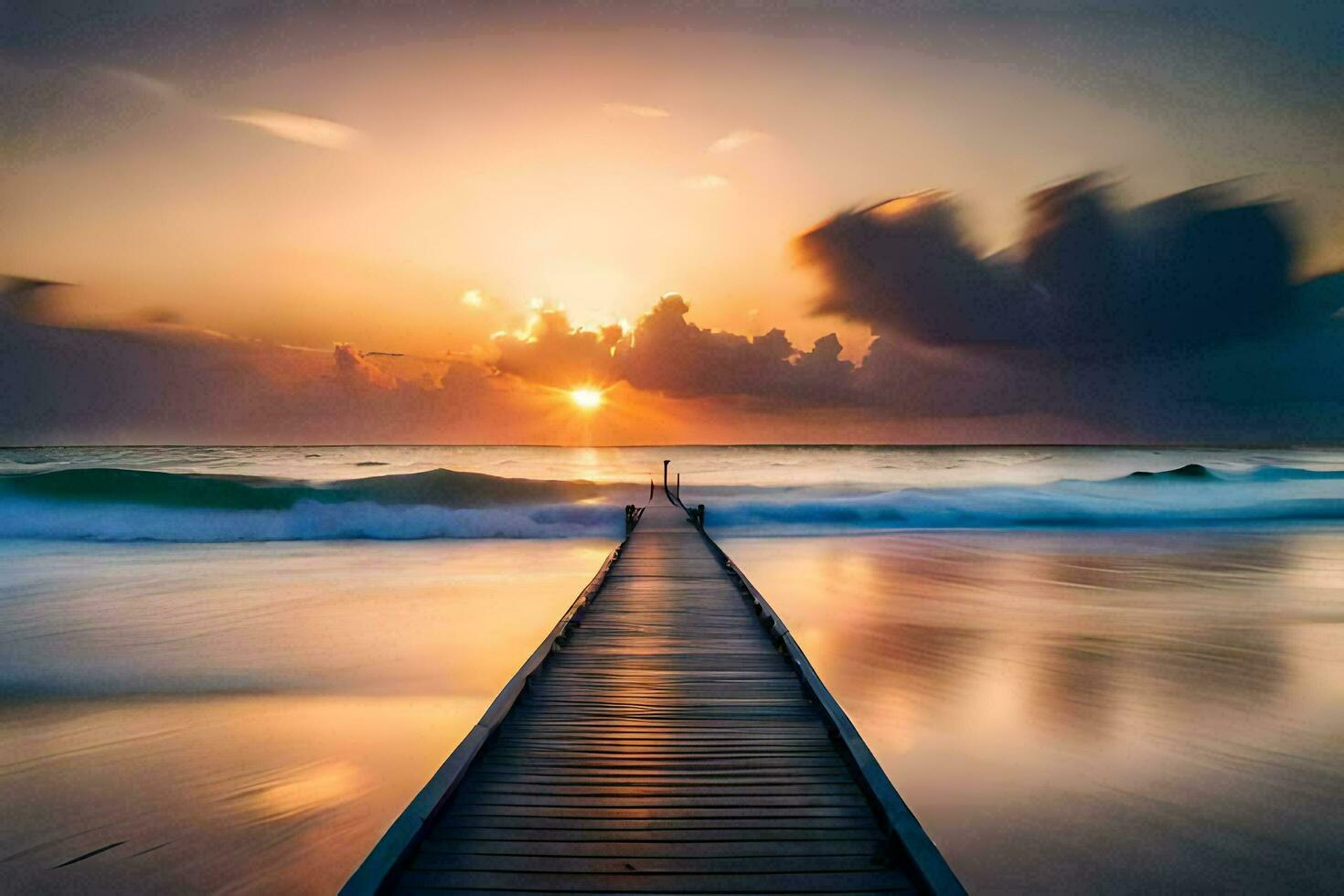 a long wooden pier leads to the ocean at sunset. AI-Generated photo