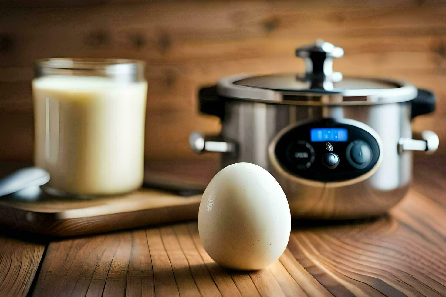 an egg sits next to a pot and a glass of milk. AI-Generated photo