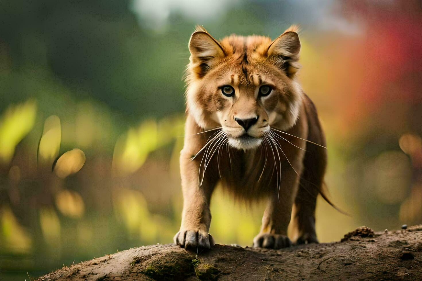 a lion is walking on a rock in front of a lake. AI-Generated photo