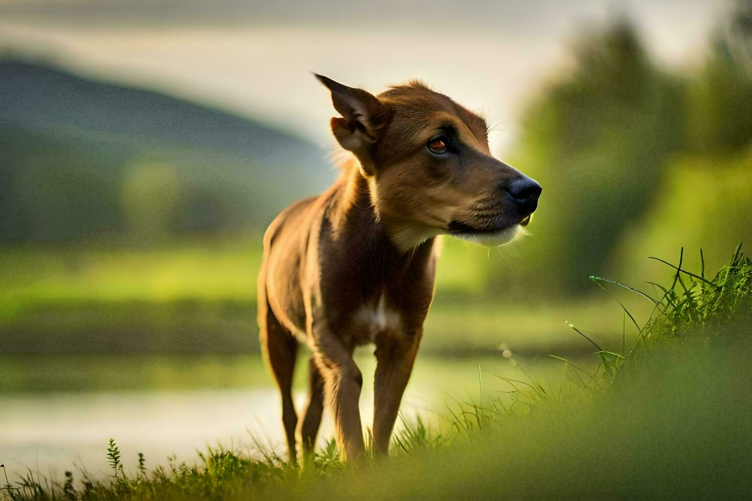 a brown dog is standing in the grass near a lake. AI-Generated photo