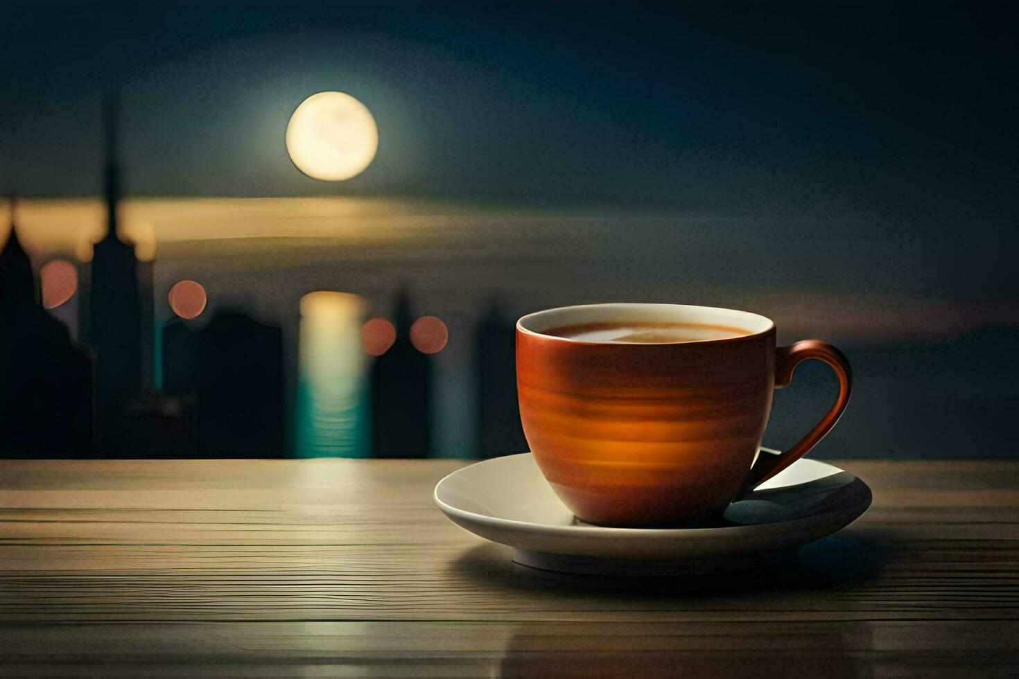 a cup of coffee on a wooden table in front of a cityscape. AI-Generated photo